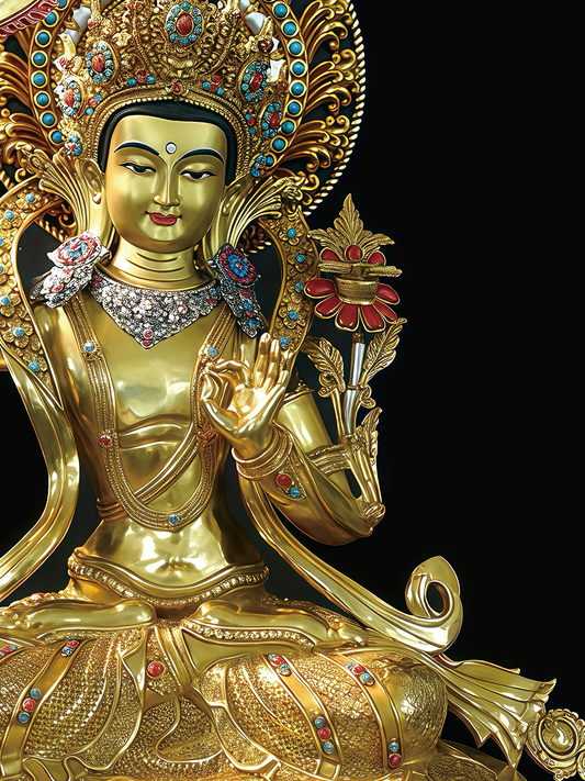 Detailed mineral pigment painting on a handmade purple copper Manjushri, showcasing authentic Tibetan Buddhist statues and intricate Buddha Statue-Art.