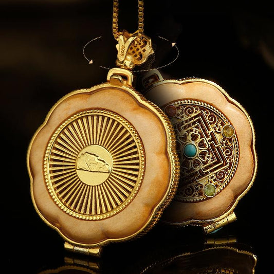 Handcrafted Tibetan Buddhist sandalwood and silver incense locket pendant symbolizing purity and peace.