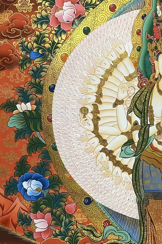 Tibetan Buddhist Thangka Painting of Thousand-Armed Avalokiteshvara | Handmade with Mineral Pigments on Canvas
