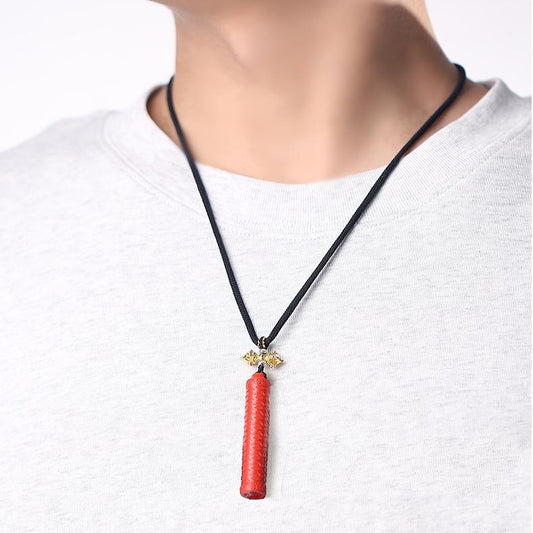 "Tibetan Buddhist authority rod pendant necklace, made of cinnabar and featuring thangka art design, symbolizing spiritual guidance and protection in Buddhism.