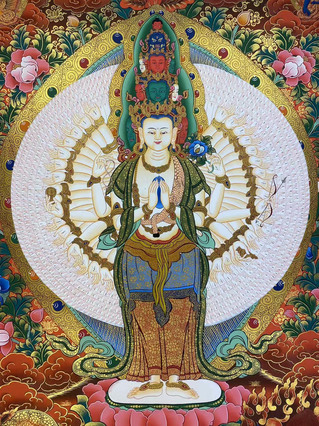 Sacred Tibetan Thangka Art - Thousand-Handed Guan Yin Bodhisattva | Pure Hand-Painted Masterpiece