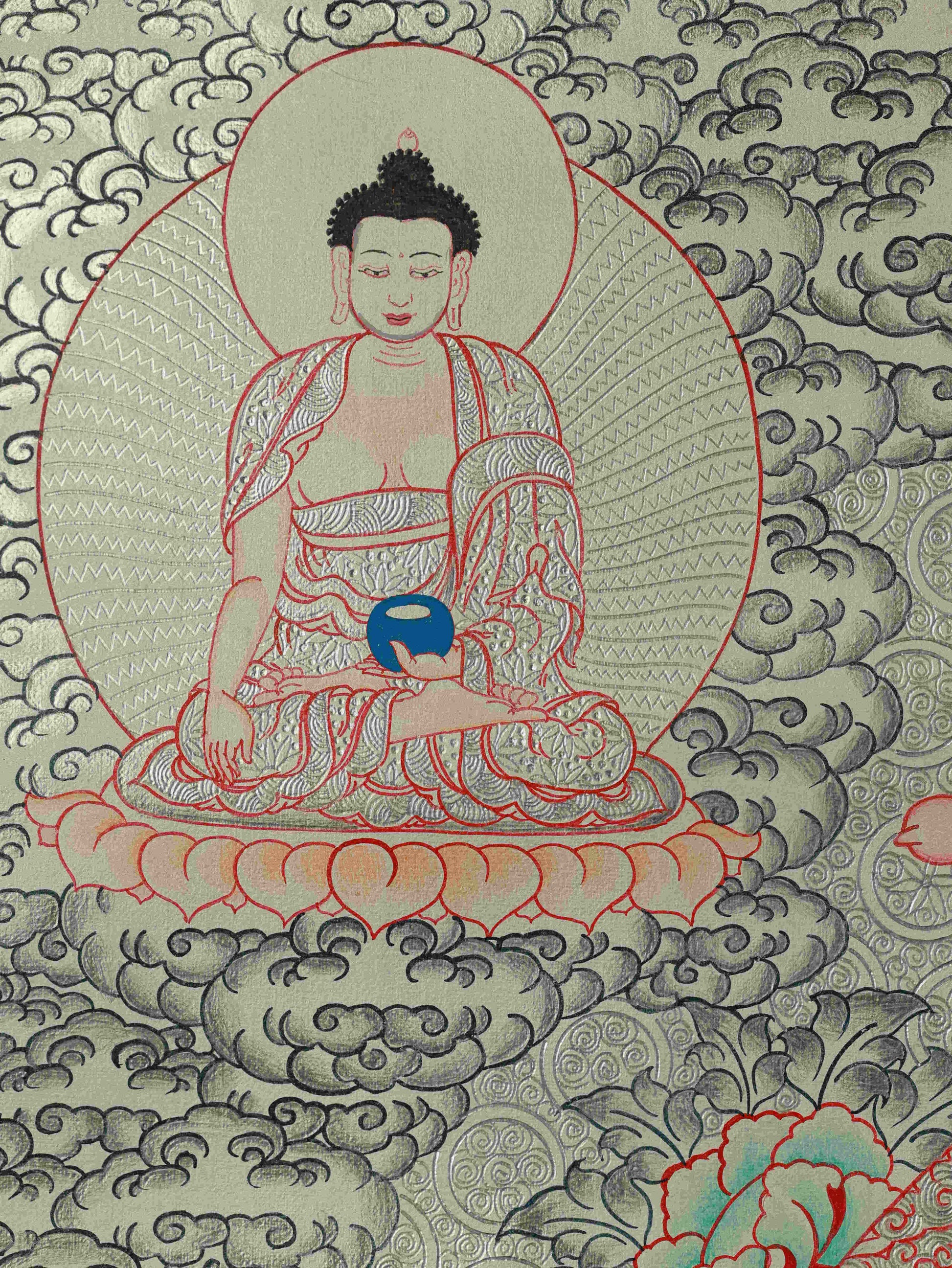 Tibetan Thangka Painting of Avalokiteshvara on canvas – detailed Silver Foil Buddhist art.