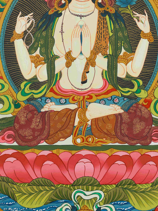 Hand-painted Tibetan Buddhist Four-Armed Avalokiteshvara Thangka with mineral pigments, a sacred Tibetan Buddha art symbolizing compassion.