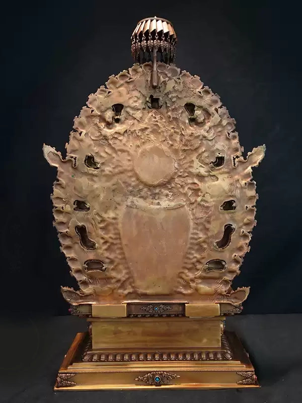 "Tibetan Buddhist red copper gilt Maitreya Buddha art statue with backlight design, ideal for meditation and shrine."