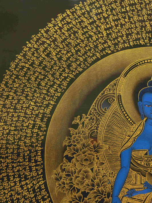 Bhaisajyaguru Tibetan Thangka painting representing the Buddha of Healing and wellness.
