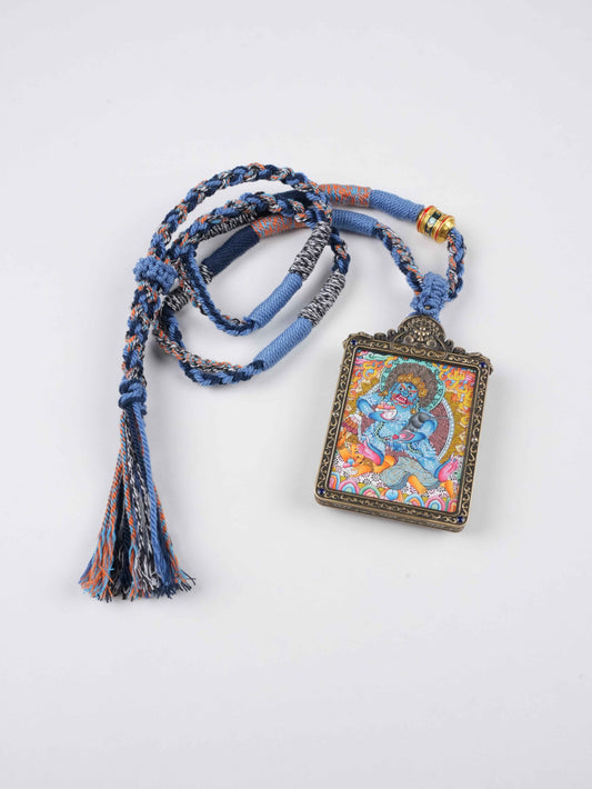 Hand-painted Tibetan Buddhist Black Dzambhala thangka pendant in gau box, symbol of protection and wealth.