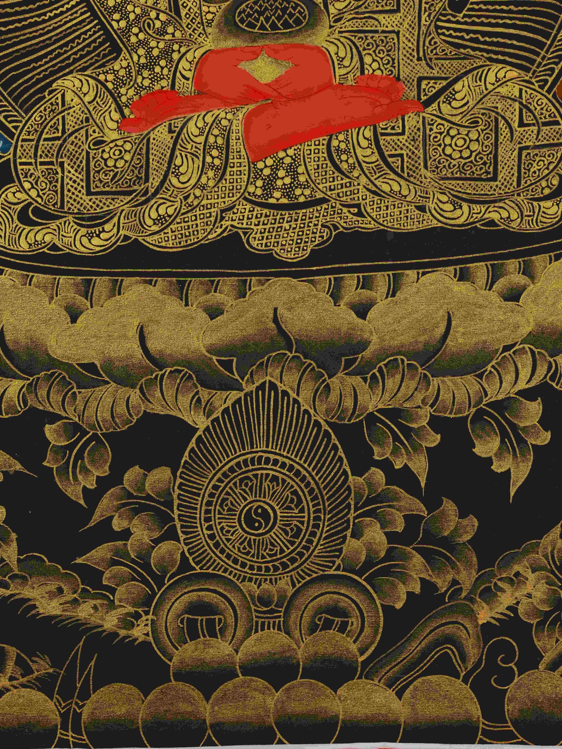 Tibetan Thangka Painting of Amitabha Buddha in Black and Gold on canvas – traditional Tibetan Buddhist art.