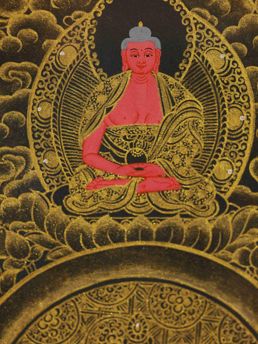 Hand-painted black gold Four-Armed Avalokiteshvara Thangka in Tibetan Buddha art style, crafted with mineral pigments on thangka canvas.