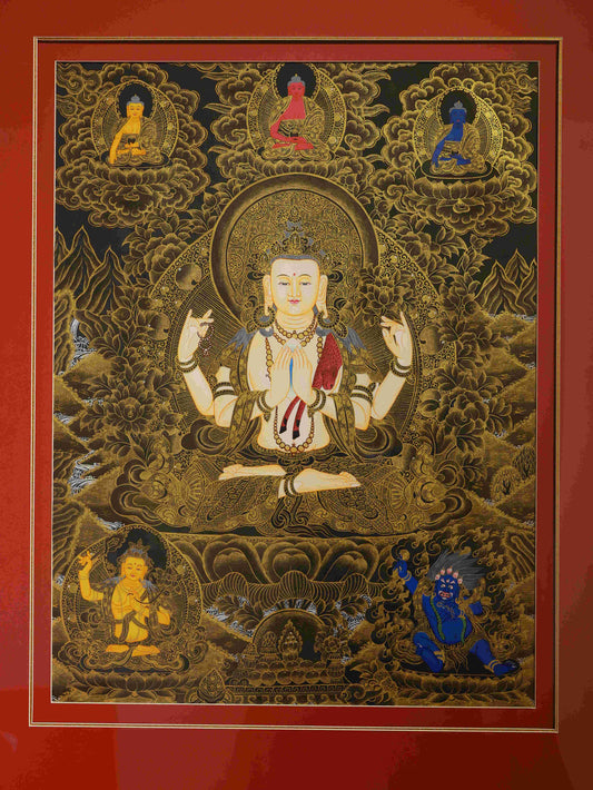 Sacred black gold Four-Armed Avalokiteshvara Thangka, hand-painted Tibetan Buddha art for meditation and temple decor.