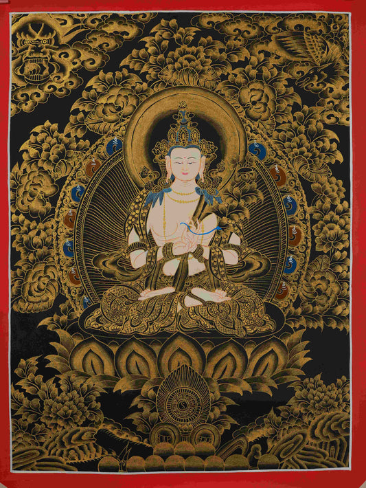 Hand-painted Tibetan Buddhist Black and Gold Samantabhadra Bodhisattva Thangka Painting – traditional Tibetan thangka art on canvas.