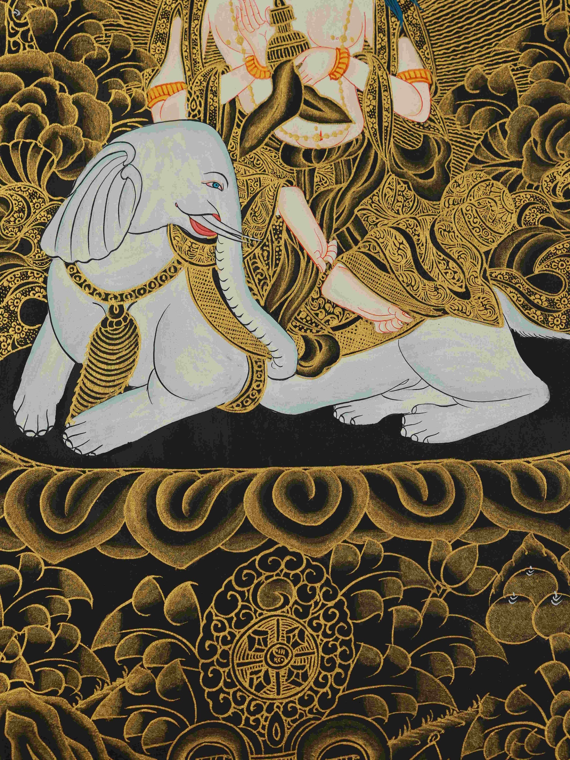 Black and Gold Samantabhadra Tibetan Thangka Artwork – hand-painted Tibetan Buddhist thangka painting.