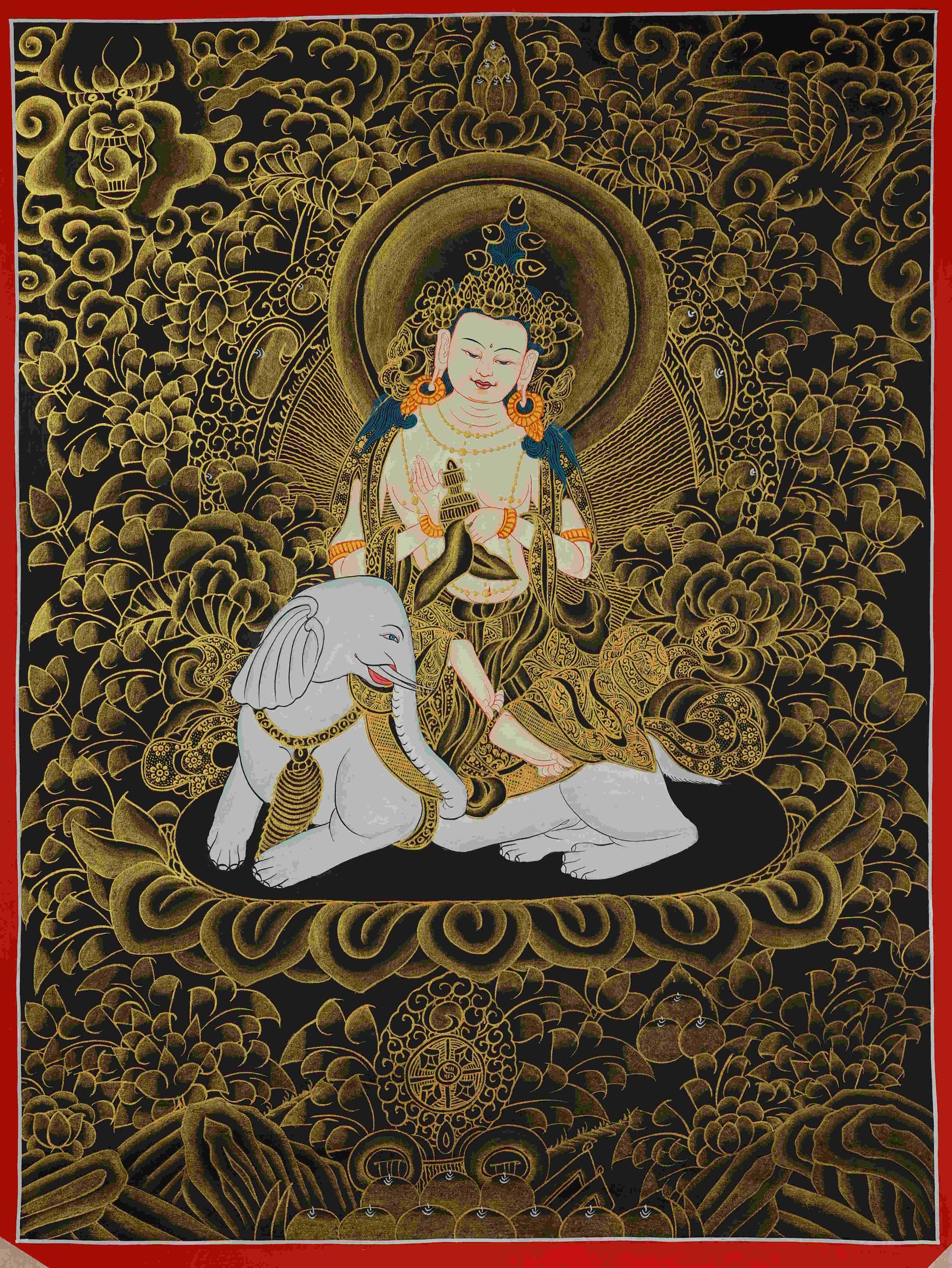 Hand-painted Tibetan Buddhist Black Gold Samantabhadra Thangka Painting – traditional Tibetan thangka art on canvas.
