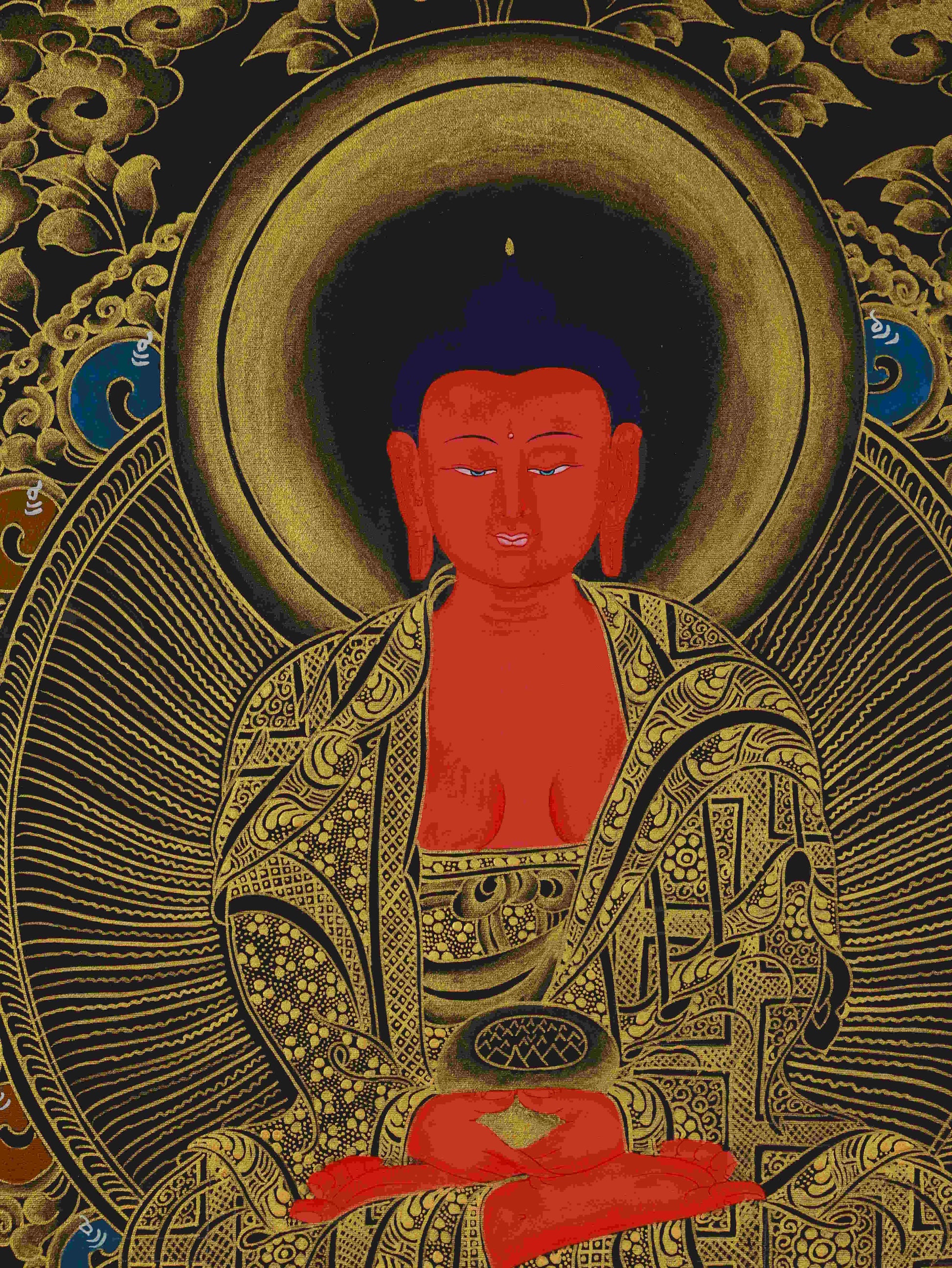 Black and Gold Tibetan Thangka of Amitabha Buddha – hand-painted sacred Buddhist thangka for home altar or meditation space.
