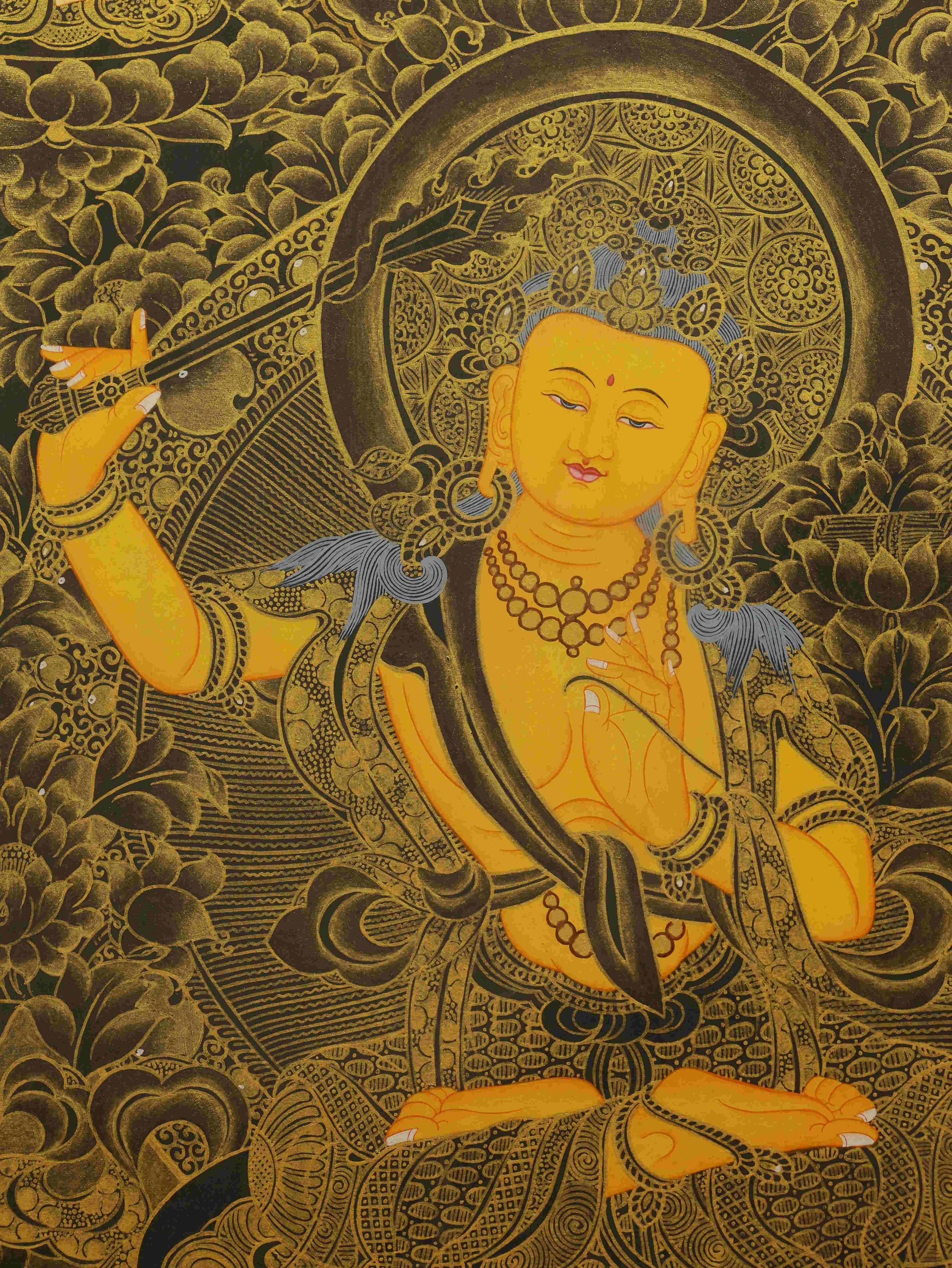 Traditional Tibetan Thangka painting of Black Vajrasattva, crafted with mineral pigments on sacred canvas.