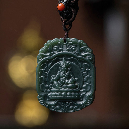 Handcrafted Tibetan Buddhist black Hetian jade pendant symbolizing prosperity and harmony.