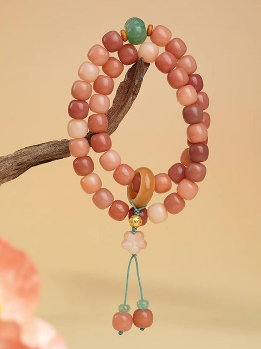 Tibetan-Buddhist handmade Bodhi bracelet with 10x9 mm beads, 6 cm pendant, Aventurine gourd bead, and 925 silver Six-Syllable Mantra bead.