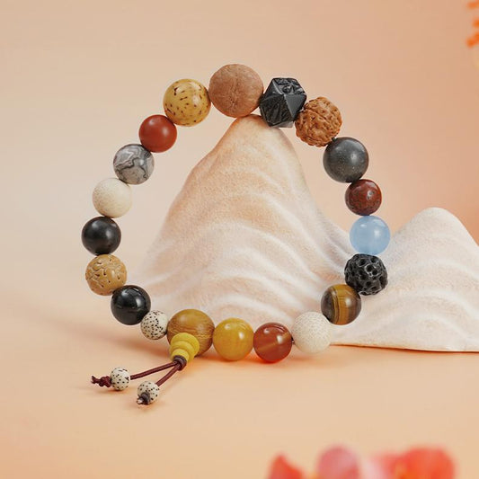 Handmade Tibetan-Buddhist Eighteen Beads bracelet featuring Bodhi seeds and mixed gemstones for spiritual practice.