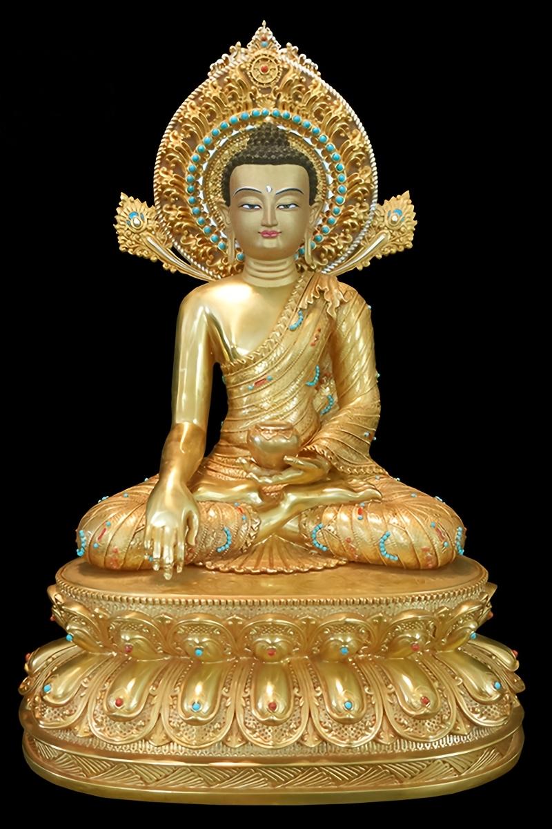 "Kyastha Buddha statue in brass, hand-painted with vibrant mineral paints in Tibetan Buddhist style."