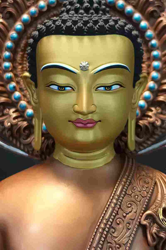 A hand-painted Tibetan Buddhist Sakyamuni Buddha statue, crafted from brass and natural mineral pigments. This serene Buddha statue art is the centerpiece for meditation and devotion.