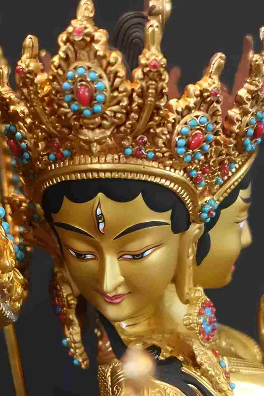 Tibetan Buddhist brass painted Ushnisha Vijaya deity statue, handcrafted Buddhist art for peace, blessings, and long life.