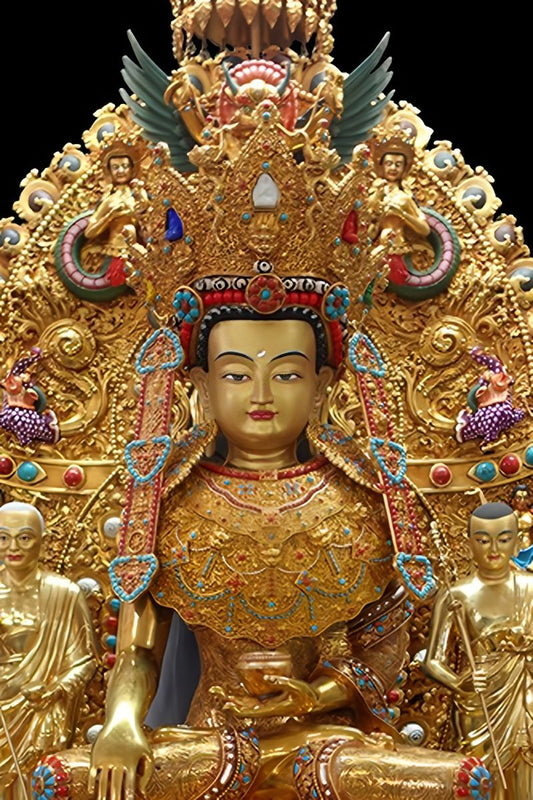 Handcrafted Tibetan Buddhist Jowo Buddha statue in gilded brass, symbolizing wisdom, compassion, and spiritual blessings for home or shrine.