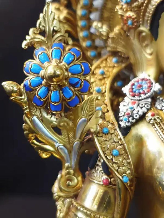 Handmade Tibetan Buddhist Green Tara brass statue with mineral pigment painting, traditional Buddhist Art from Nepal.