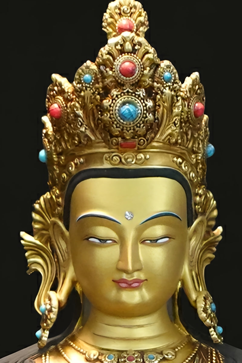 Painted brass Shakyamuni Buddha Tibetan Buddhist art statue, detailed handcraft for spiritual practice.