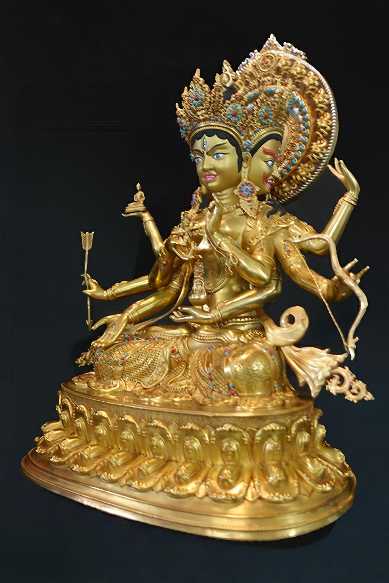 Tibetan Buddhist handmade Ushnisha Vijaya brass statue, colorful Buddhist art for longevity, harmony, and family blessings.