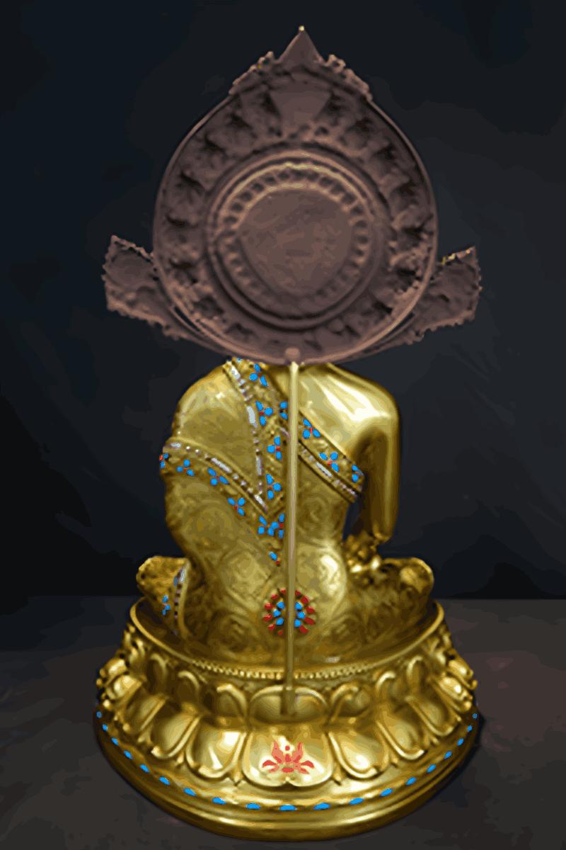 Traditional Tibetan Buddhist Shakyamuni Buddha, handmade brass statue decorated with mineral pigments in Buddhist Art style.