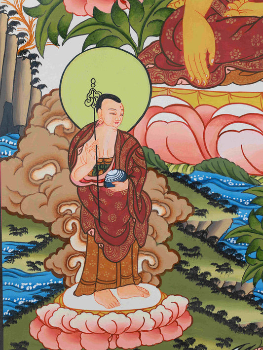 Tibetan Buddhist Shakyamuni Buddha Thangka painting handmade on fine canvas, featuring sacred Tibetan Thangka art details.