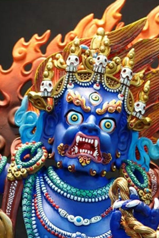 alt text: Golden brass Vajrapani idol hand-painted with vibrant colors, ideal for enhancing any Buddha statue art collection.