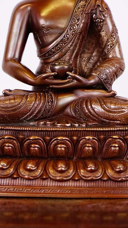 "A stunning Tibetan Buddhist copper statue of Amitabha Buddha, painted with mineral pigments to bring light, peace, and spiritual energy to your home."