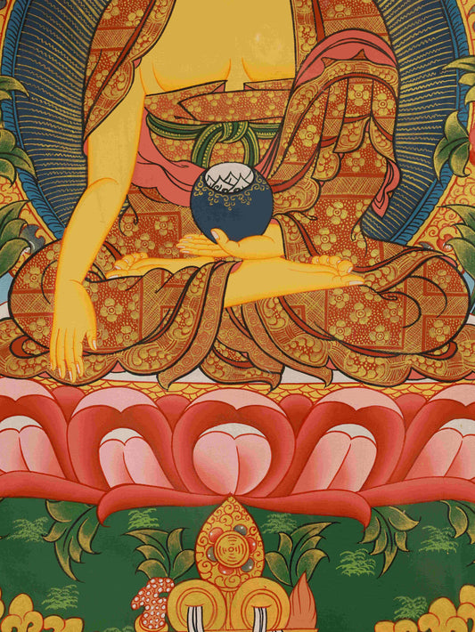 Hand-painted Tibetan Buddhist Shakyamuni Buddha Thangka on canvas, crafted with mineral pigments in traditional Tibetan Buddha art style.