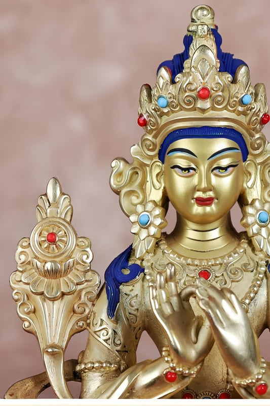 Brass Tibetan Buddhist Maitreya Buddha statue, hand-painted with serene meditation posture, representing Buddhist spirituality