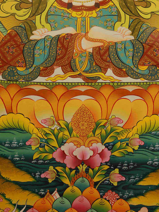 Traditional Tibetan Thangka of Four-Armed Chenrezig and Manjushri - Hand Painted Sacred Art