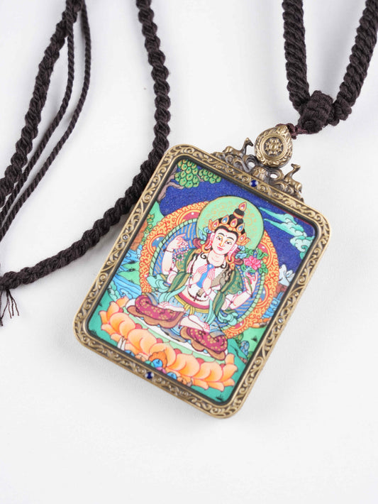 Handcrafted Tibetan Chenrezig zodiac guardian thangka hanging, made with natural mineral pigments on canvas, representing compassion and blessings for twelve zodiac signs.