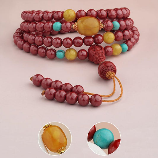 Handcrafted Tibetan Buddhist cinnabar 108 mala necklace with amber and turquoise pendant art