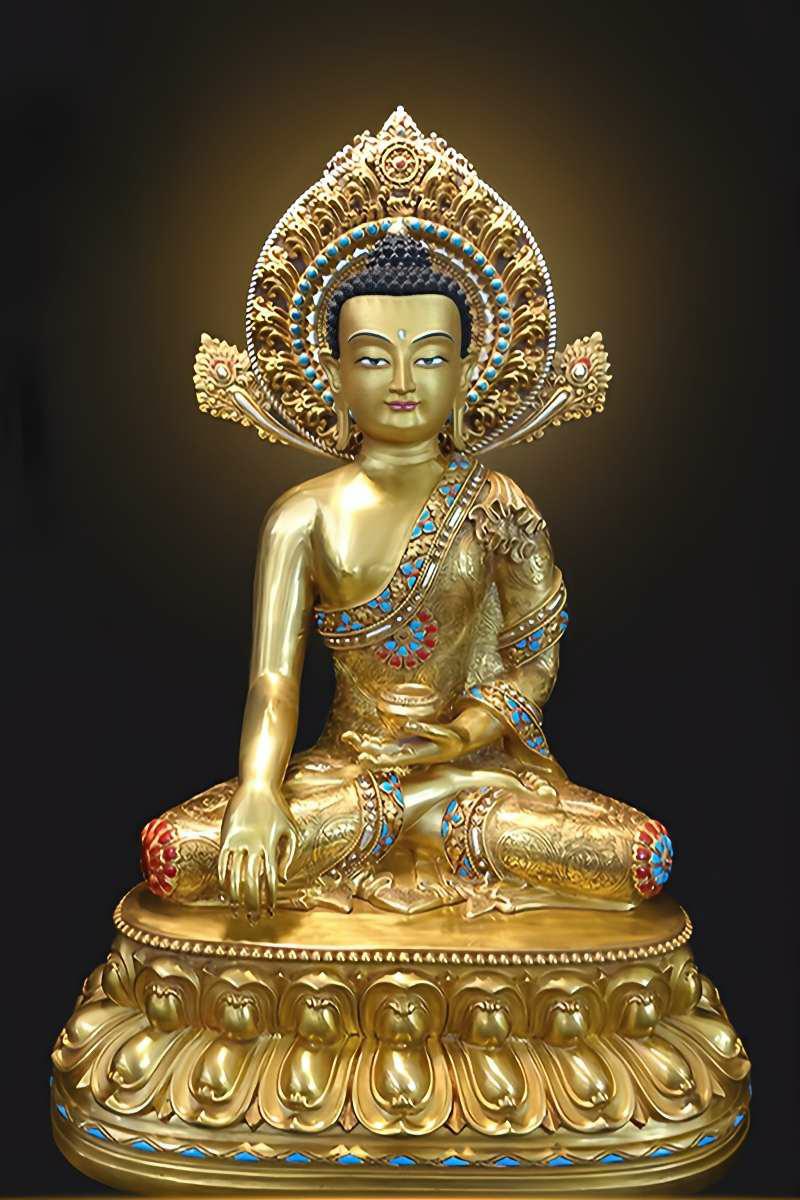 Handmade Tibetan Buddhist Shakyamuni Buddha statue in brass with mineral pigments, painted in traditional Buddhist Art style.
