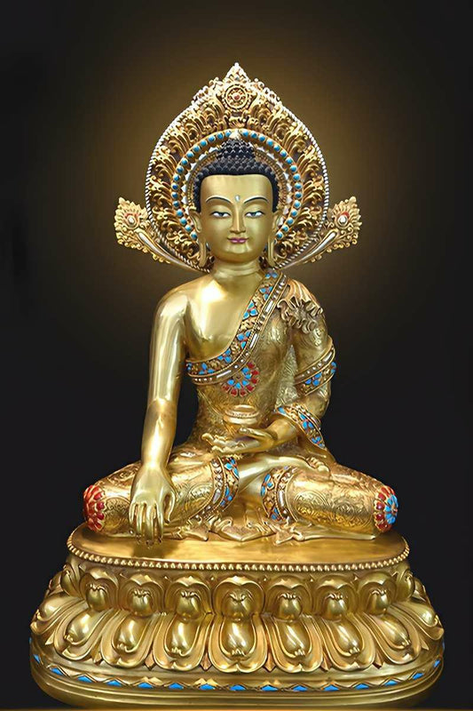 Handmade Tibetan Buddhist Shakyamuni Buddha statue in brass with mineral pigments, painted in traditional Buddhist Art style.