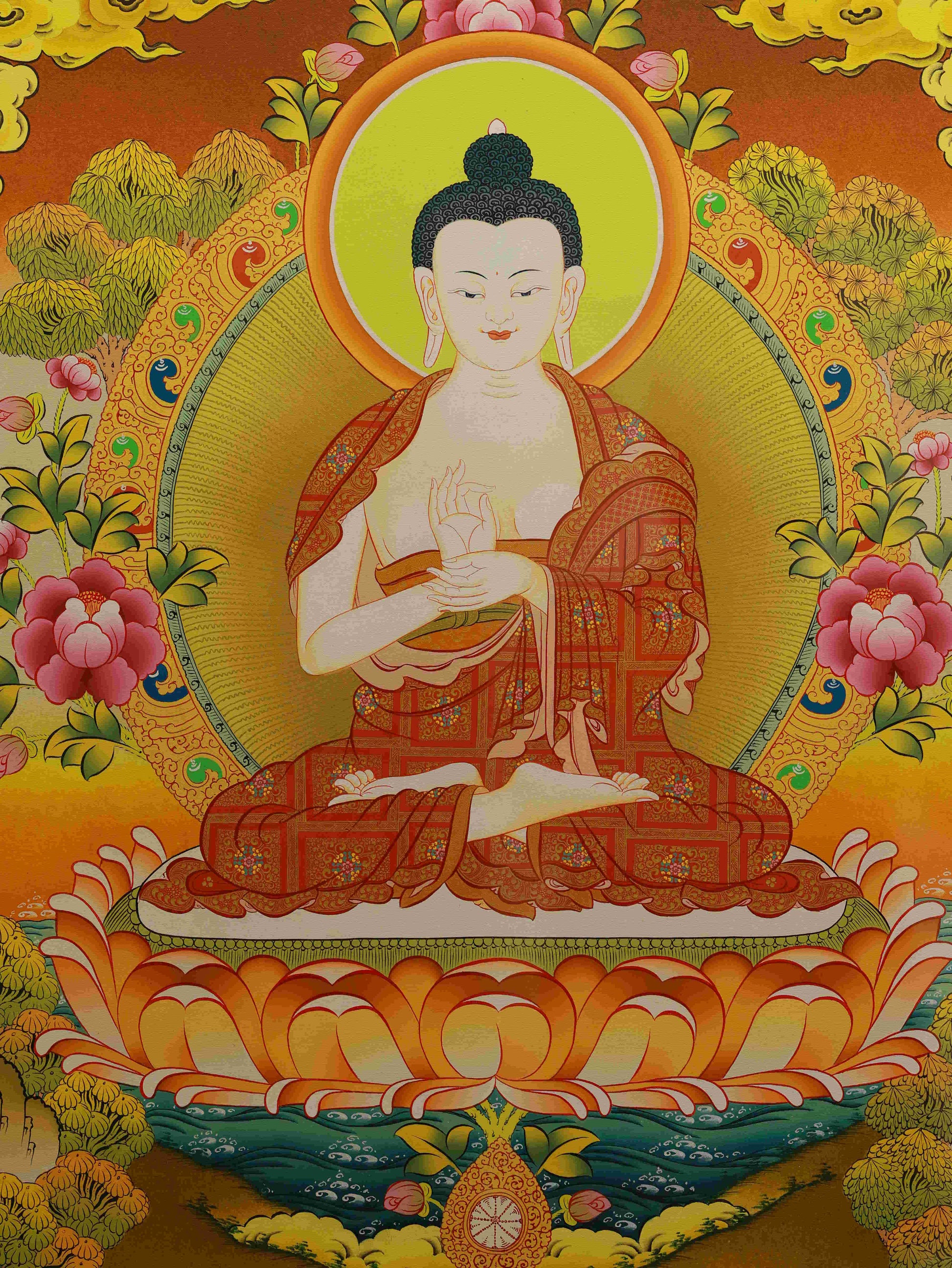 Hand-painted Tibetan Shakyamuni Buddha Thangka symbolizing enlightenment and peace.