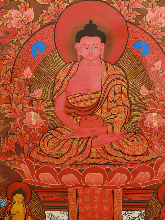 Hand-painted Tibetan Vairocana Buddha Thangka representing supreme enlightenment and purity.