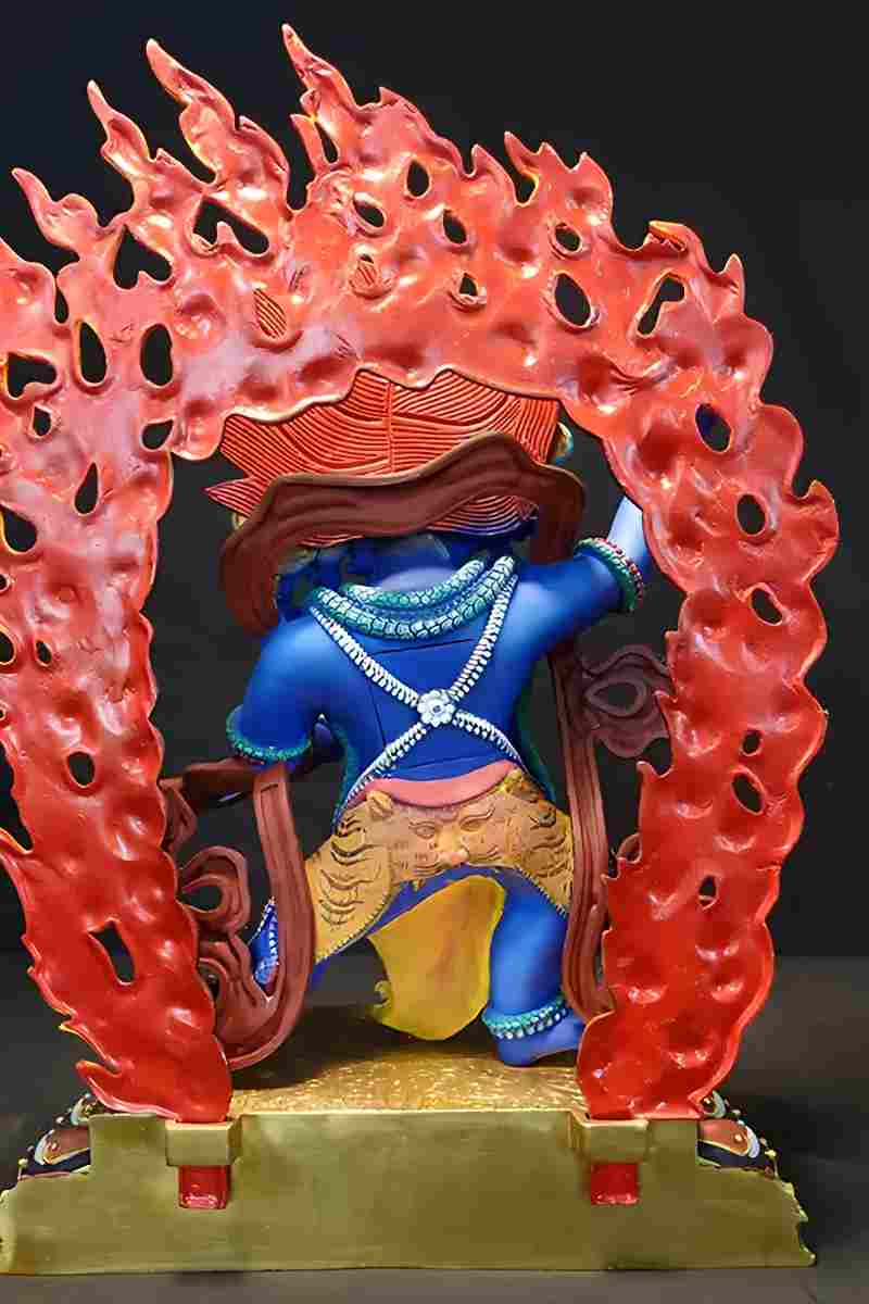 alt text: Colorful Tibetan Buddhist Vajrapani statue in brass, handcrafted with mineral paints, an exquisite piece of Buddha statue art.