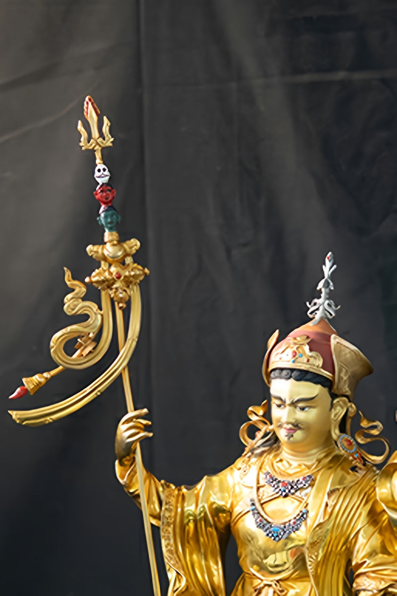 Tibetan Buddhist copper-carved Lotus Born Lama figure, hand-painted brass, a fine example of Tibetan Buddhist statues.