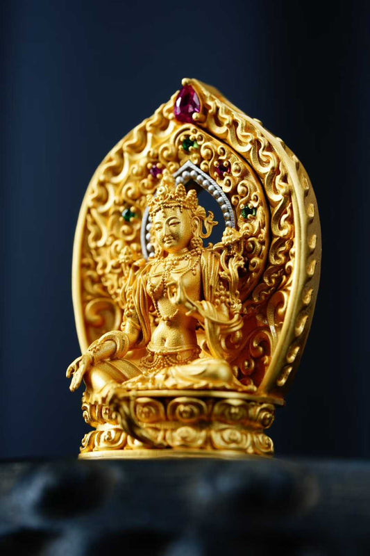 Tibetan Buddhist copper Green Tara pendant, handcrafted sacred jewelry with fine inlay.