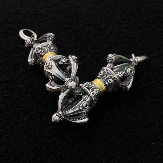 Tibetan-Buddhist handcrafted Shitolin Vajra pendant in S925 sterling silver.