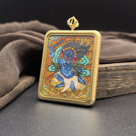 Hand-painted Nepal Acala (不动明王) Thangka pendant 4x5cm with titanium casing featuring the Immovable Wisdom King, representing protection and the removal of obstacles in Buddhist tradition.