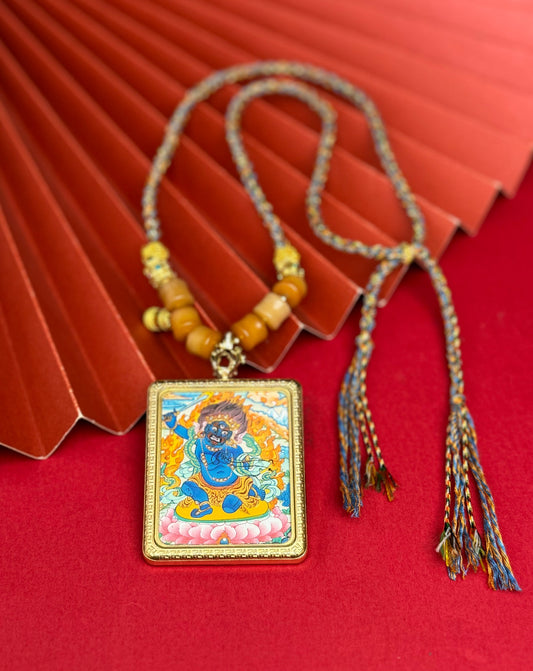 Hand-painted Nepal Acala (不动明王) Thangka pendant 4x5cm with titanium casing featuring the Immovable Wisdom King, representing protection and the removal of obstacles in Buddhist tradition.