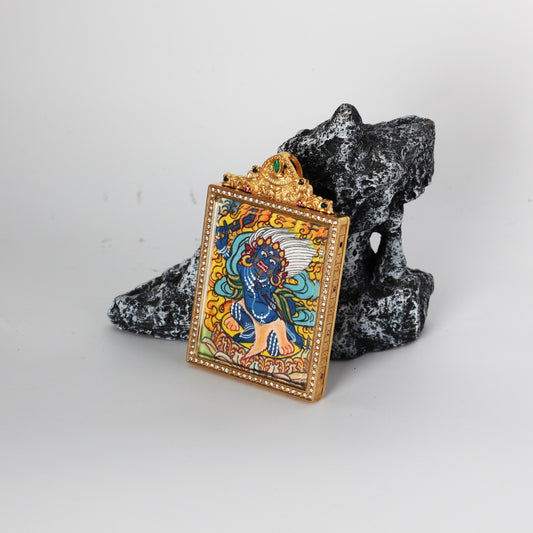 Hand-painted Nepal Elegant Acala Thangka pendant featuring the Immovable Wisdom King, encased in titanium steel, representing protection and subjugation of obstacles in Tibetan Buddhist tradition.
