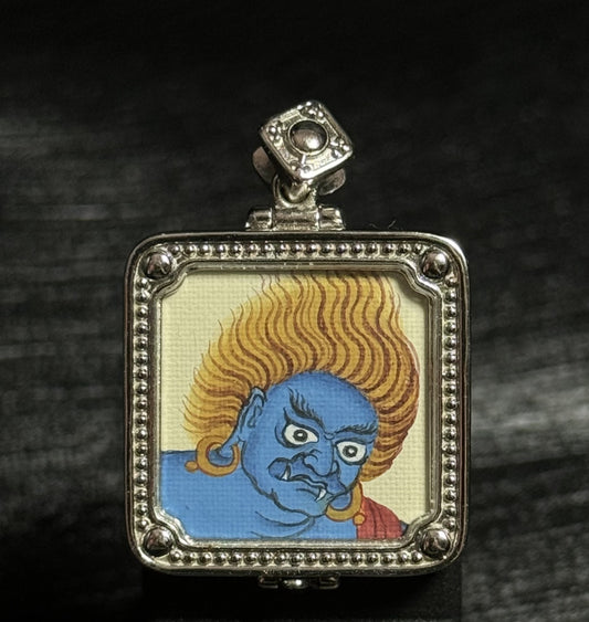 Close-up detail of the Tibet Bold Six-Armed Mahakala Thangka painting showing intricate natural mineral pigment work and protector symbolism, showcasing the masterful artistry of Tibetan lineage painters.