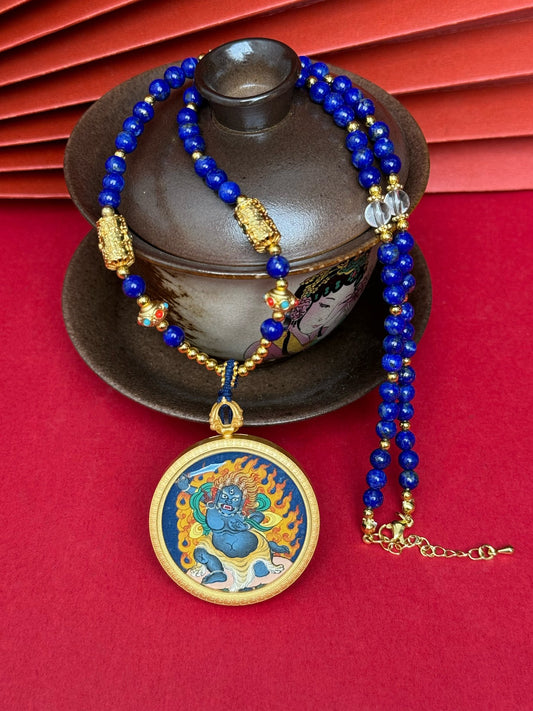 Hand-painted Tibet Bold Acala (不动明王) Thangka pendant 3.5cm with copper casing featuring the Immovable Wisdom King, representing protection and the removal of obstacles in Buddhist tradition.